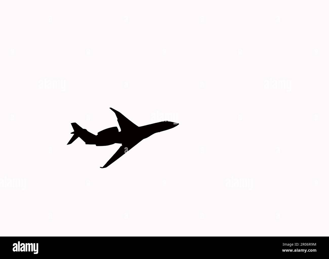 Silhouette of a private executive jet in flight isolated on a plain white background. Backgrounds. Travel concept. No people. Stock Photo