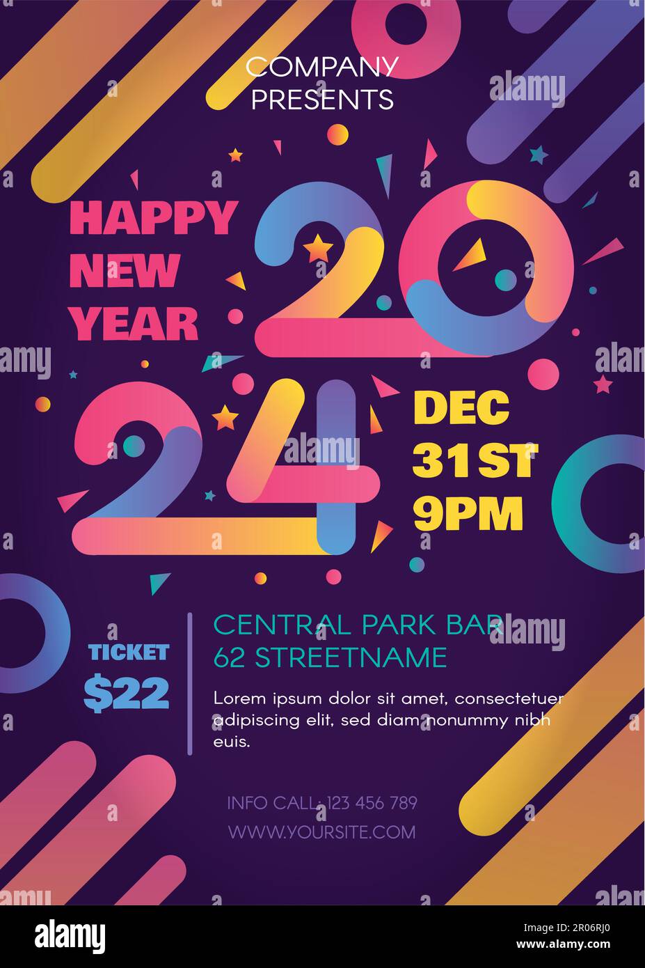 Modern Happy 2024 New Year Holiday blue poster in night disco dance