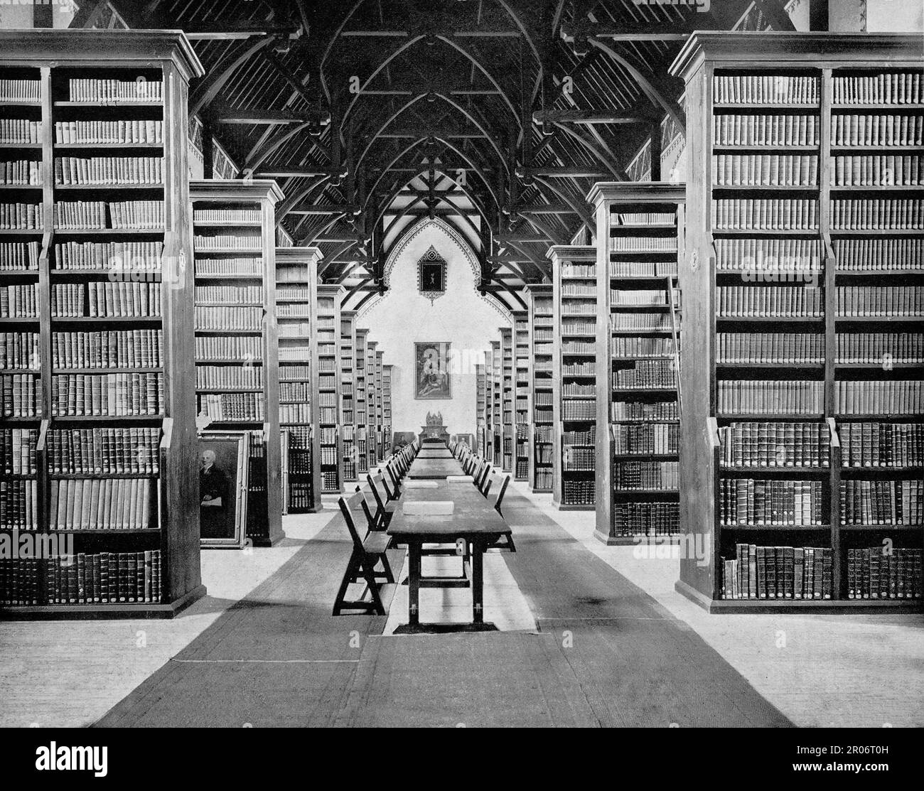 A late 19th century view of the Russell Library holding the historical collections of St Patrick’s College, Maynooth which was founded in 1795 as a seminary for the education of Irish priests. The reading room was designed by renowned British architect and designer Augustus Welby Northmore Pugin (1812-1852) and completed in the year 1861. The Library contains approximately 34,000 printed works with imprints from the 15th to the mid-19th century. The collection includes approximately 7,000 ESTC items, 59 incunabula, over 12,000 pamphlets in bound volumes, and 2,500 Bibles. Stock Photo