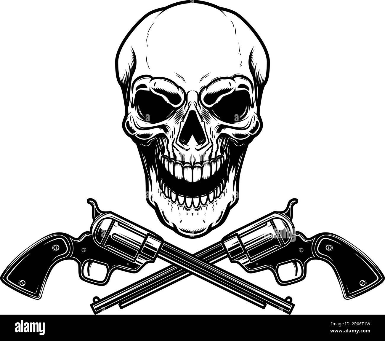 Illustration of the cowboy skull with crossed revolvers. Design element for logo, label, sign, emblem. Vector illustration, Illustration of the cowboy Stock Vector