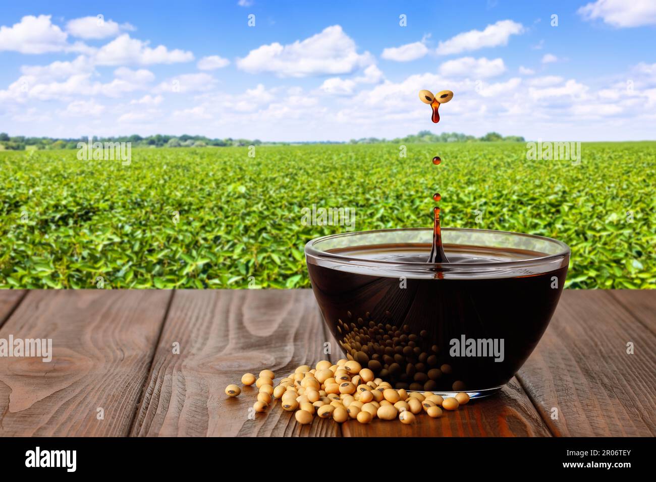 soy sauce in glass bowl on wooden table with green agriculture field as background Stock Photo