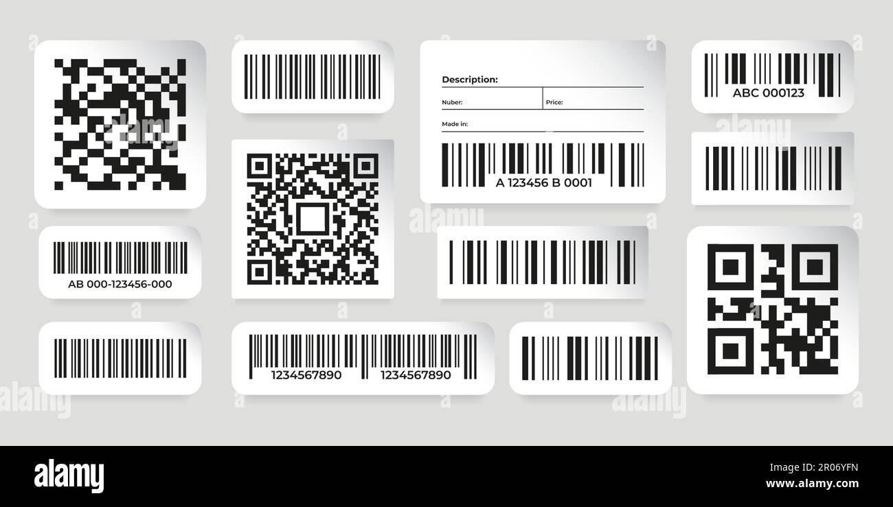 Barcode stickers. Scan data labels with QR codes on paper layout, supermarket discount codes and product number tags. Vector shop label set. Labeling for selling in shop with description and price Stock Vector
