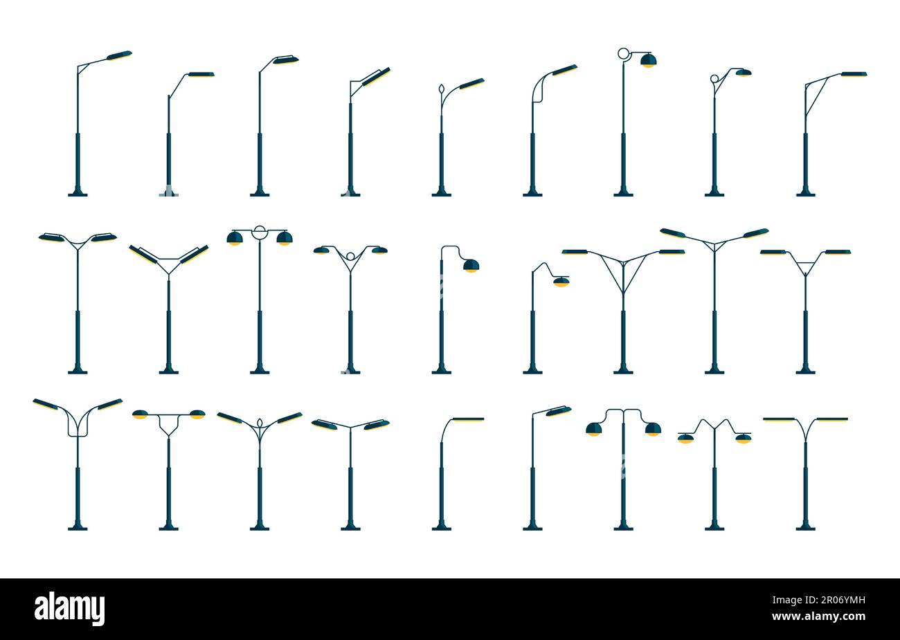 City light pole. Modern urban street lamp post, cartoon flat lamps outdoor architectural accessories. Vector street lights isolated set. Electrical spotlight, outside sidewalk elements Stock Vector