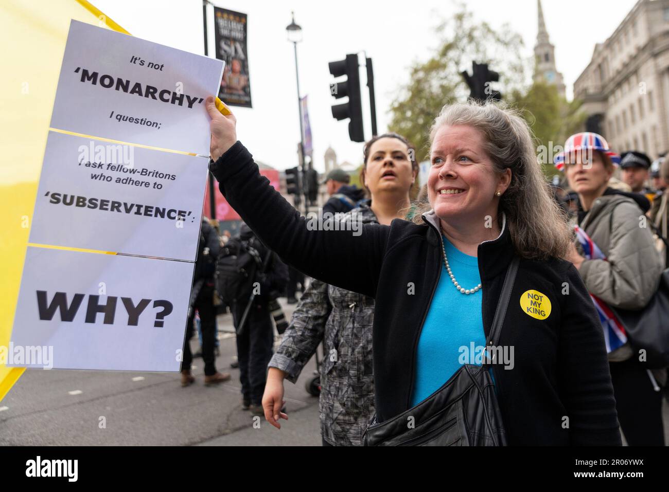 Female protester with placard at a 'Not my King' protest during the ...