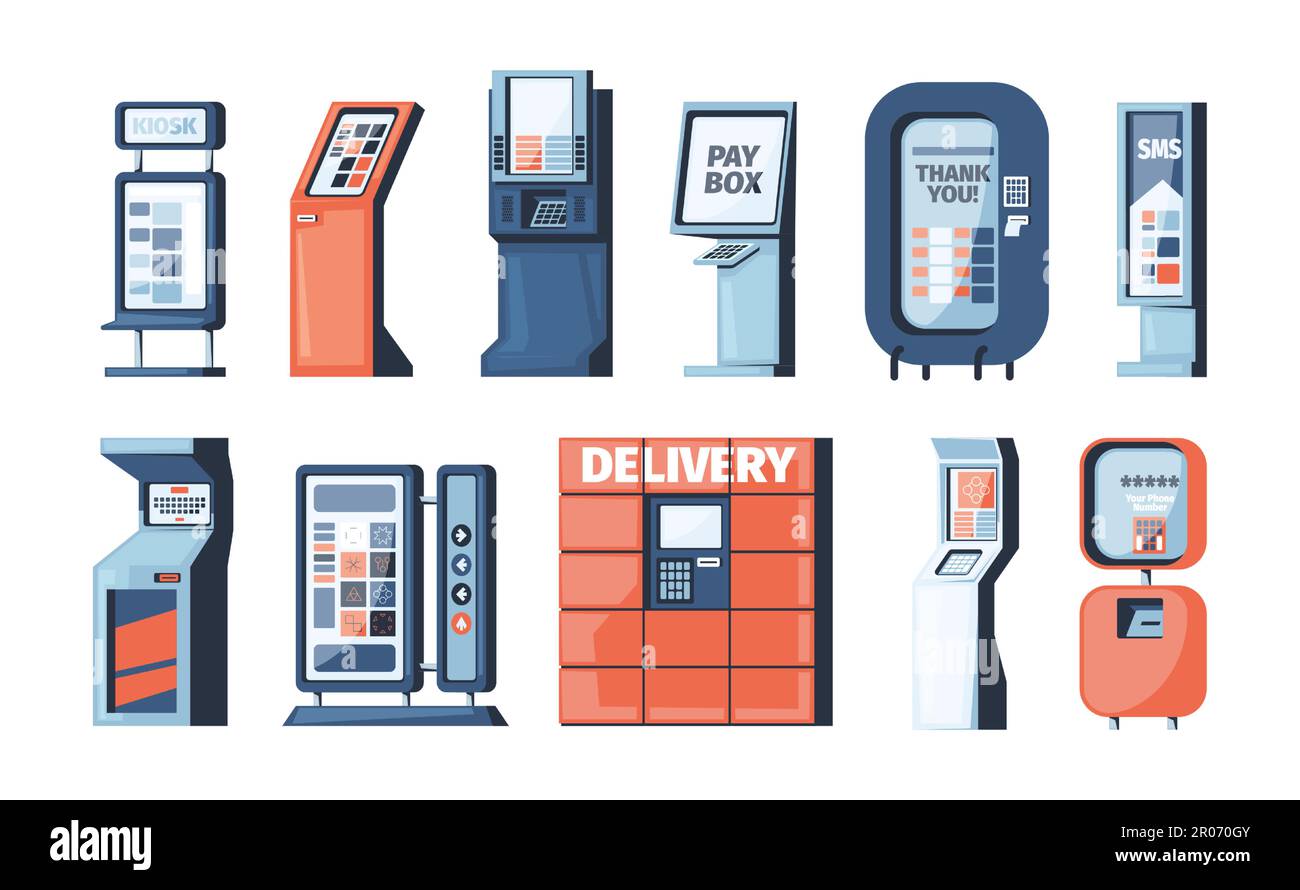 Ticket kiosk. Credit payment machine, atm stand, vending snack kiosk, money terminal and commercial machine freestanding design. Vector cartoon set. Automated paying, equipment for parcels storage Stock Vector