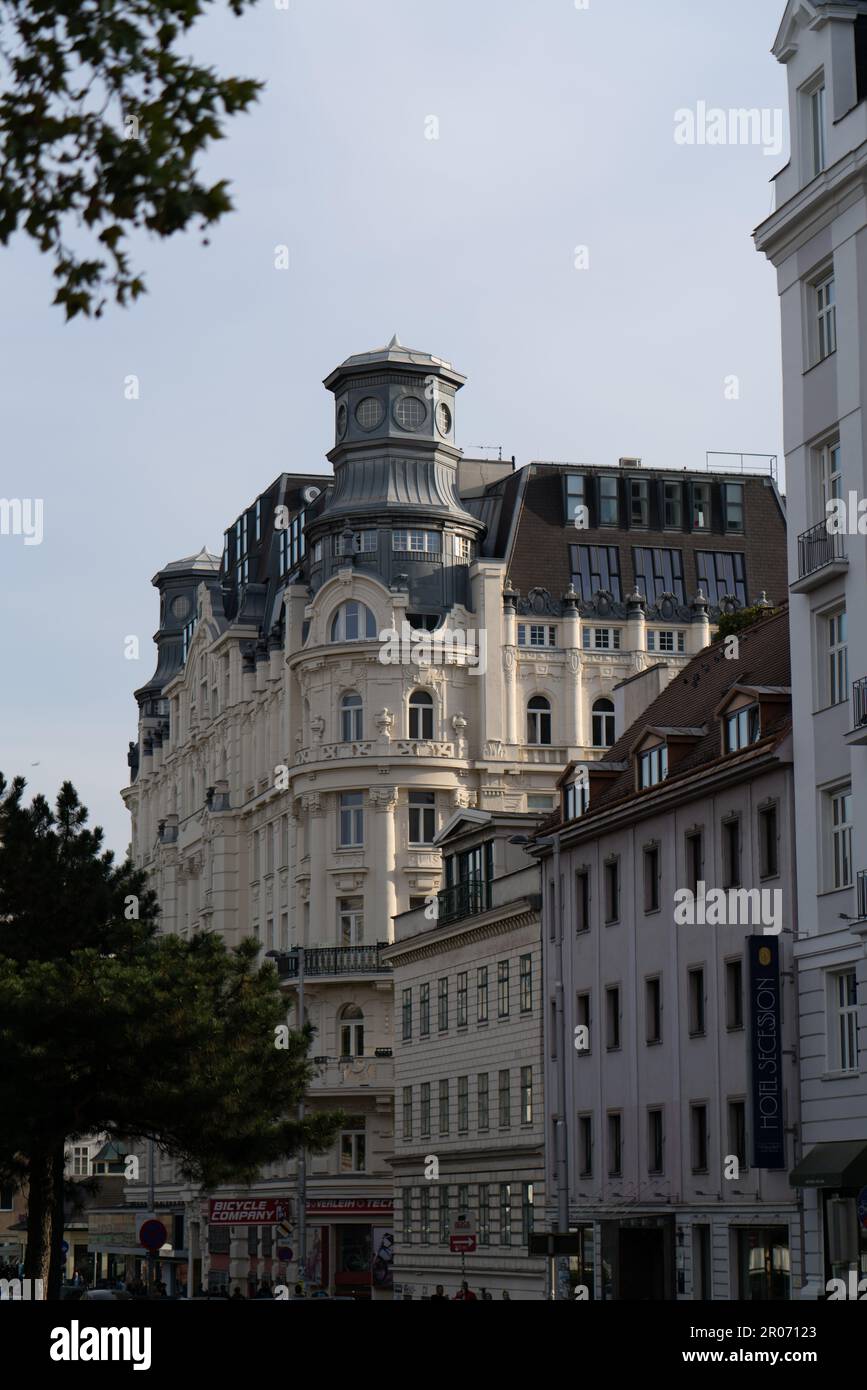 A large historical building in Vienna on the street corner Stock Photo