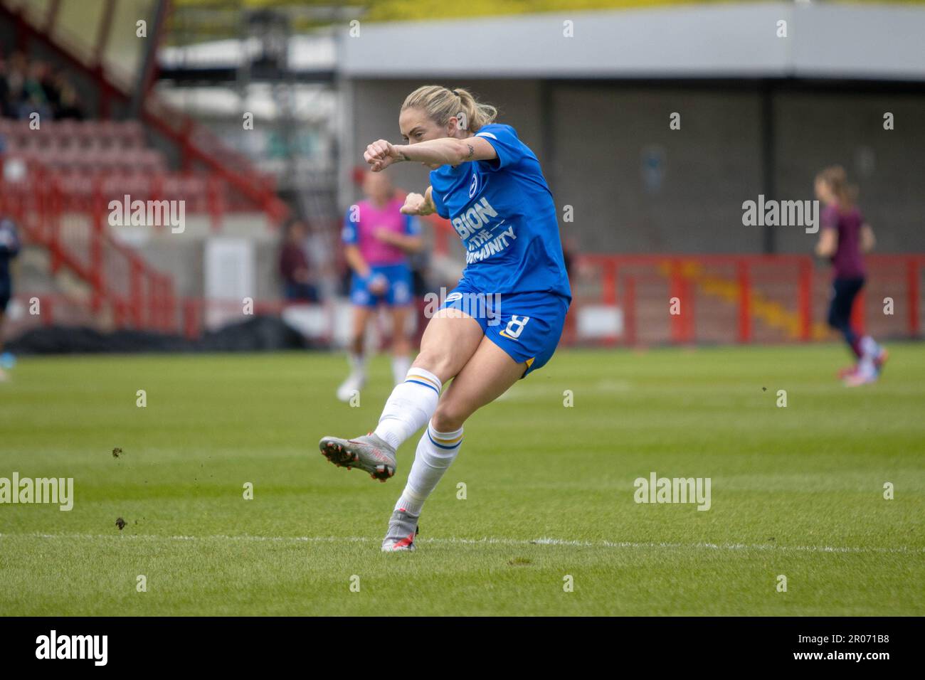Crawley, UK. 7th May, 2023. Megan Connolly (8 Brighton) warming up ahead of the Barclays Womens Super League game between Brighton and West Ham at Broadfield Stadium, Crawley. (Tom Phillips/SPP) Credit: SPP Sport Press Photo. /Alamy Live News Stock Photo