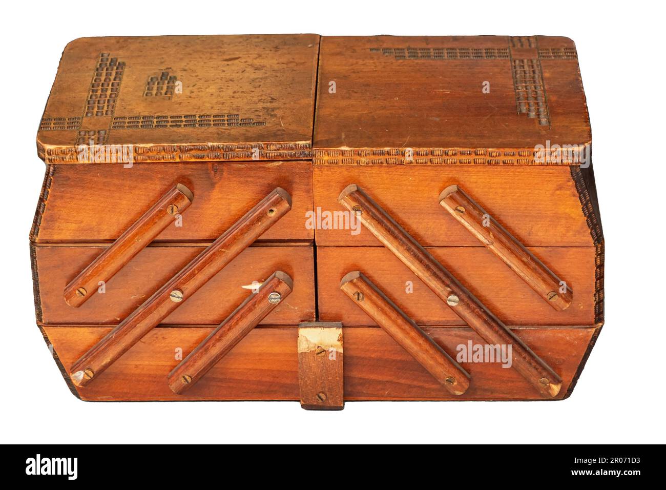 Closed vintage old wooden chest box isolated on white background Stock