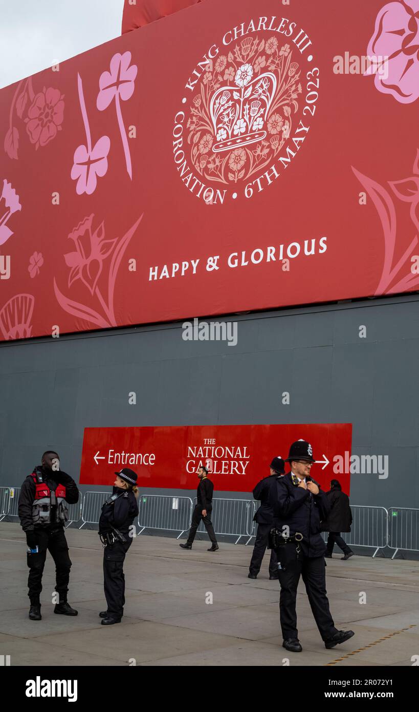 Police stand guard beneath London's iconic National Gallery in
