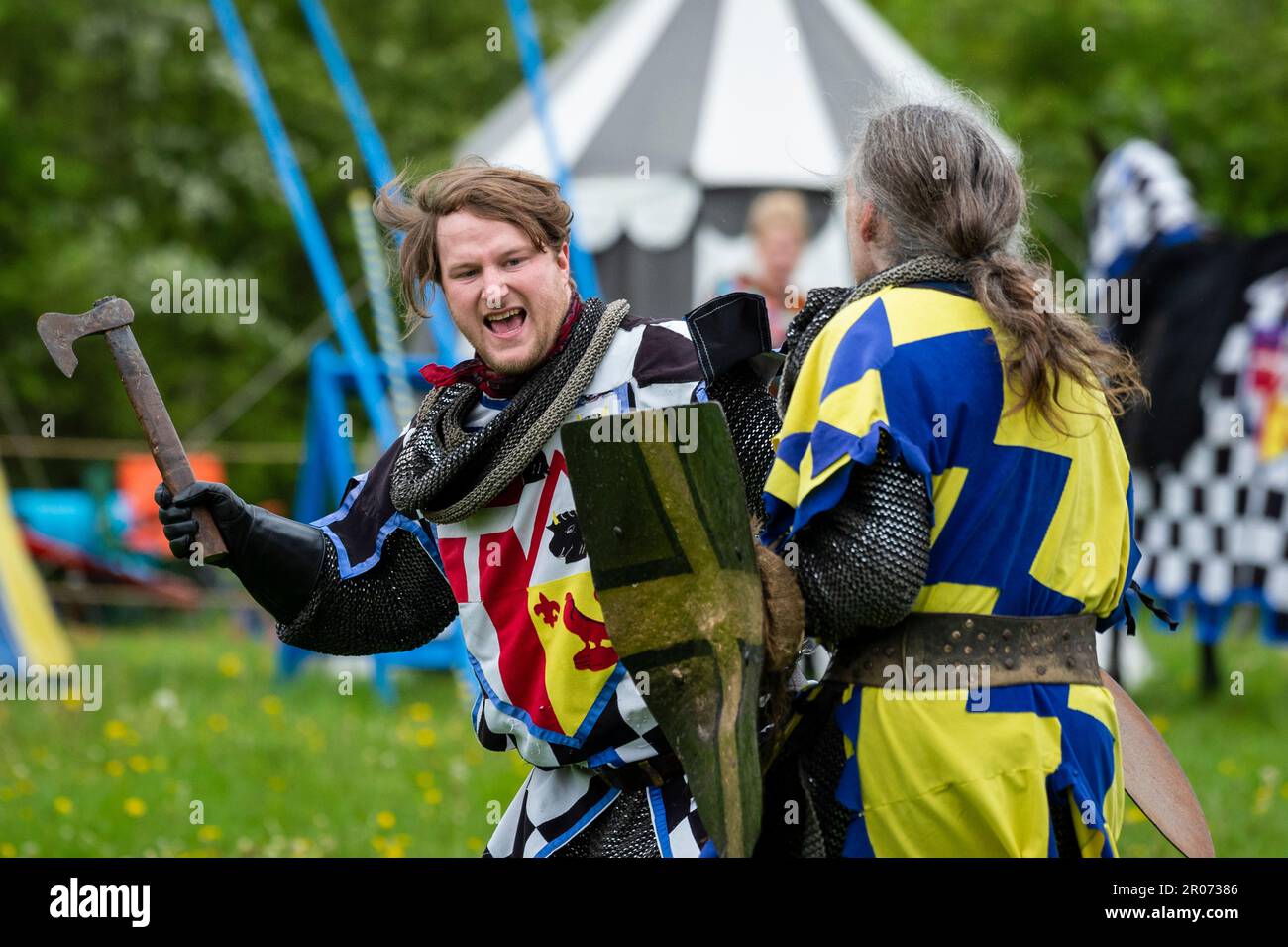 Knight Getting Coronated Chalfont, UK. 7 May 2023. Re enactors as armoured knights take part in ...