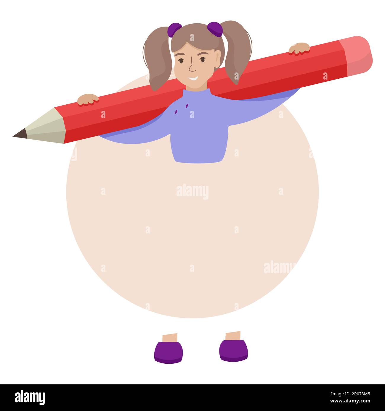 Flat cartoon young character student girl standing and holding a big pencil on her shoulders. Education concept. Back to school. Vector illustration Stock Vector