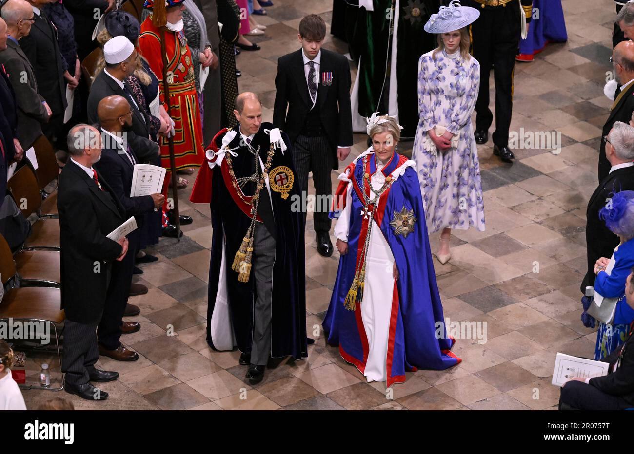 The Duke of Edinburgh, the Duchess of Edinburgh, the Earl of Wessex and Lady Louise Windsor leaving the coronation ceremony of King Charles III and Queen Camilla in Westminster Abbey, London. Picture date: Saturday May 6, 2023. See PA story ROYAL Coronation. Photo credit should read: Gareth Cattermole/PA Wire Stock Photo