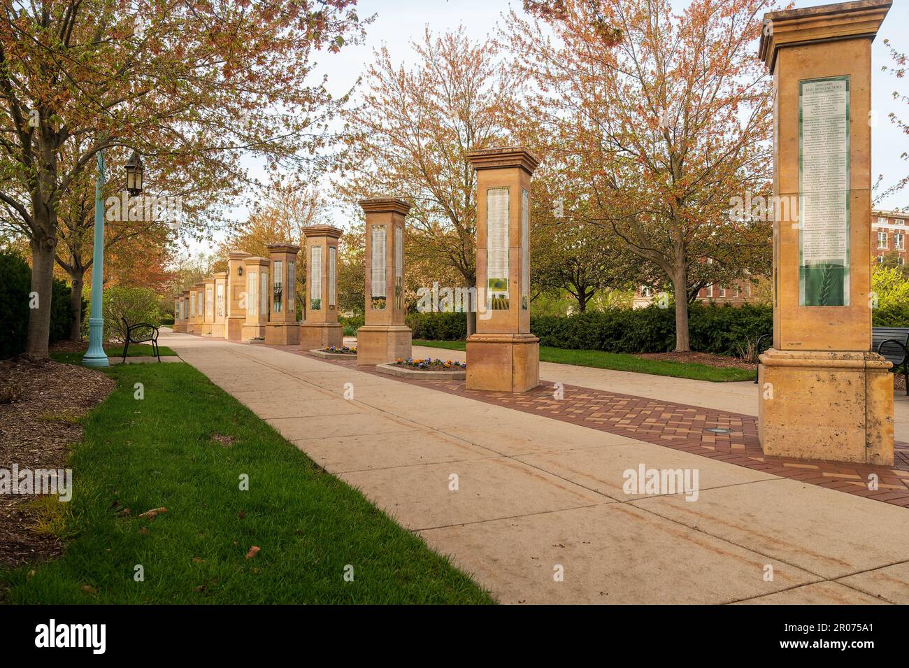 East Lansing MI May 16 2023 Row of posts at MSU showing the Michigan