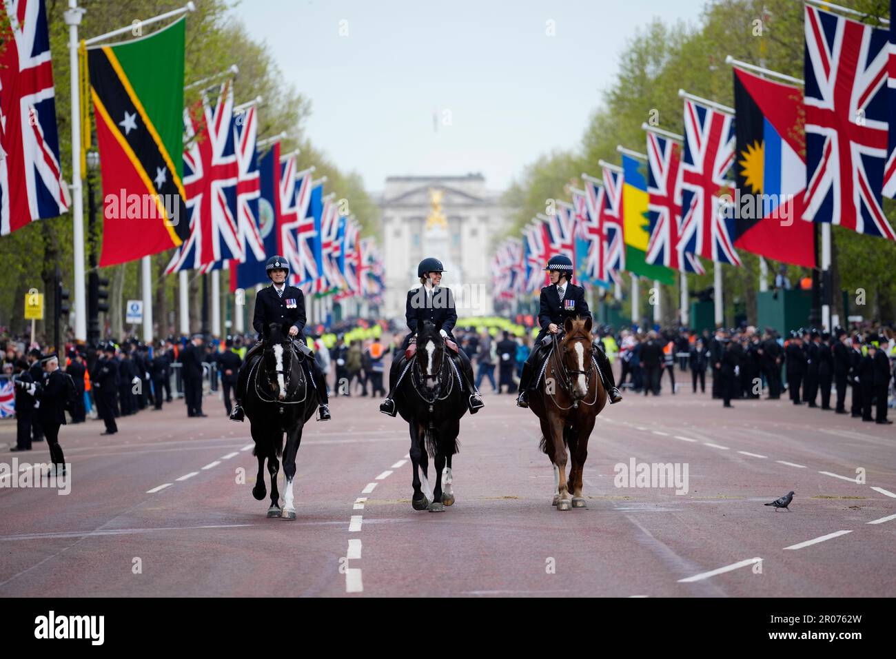 Police officers on horse back on the Mall ahead of the coronation ceremony of King Charles III and Queen Camilla in central London. Picture date: Saturday May 6, 2023. Stock Photo