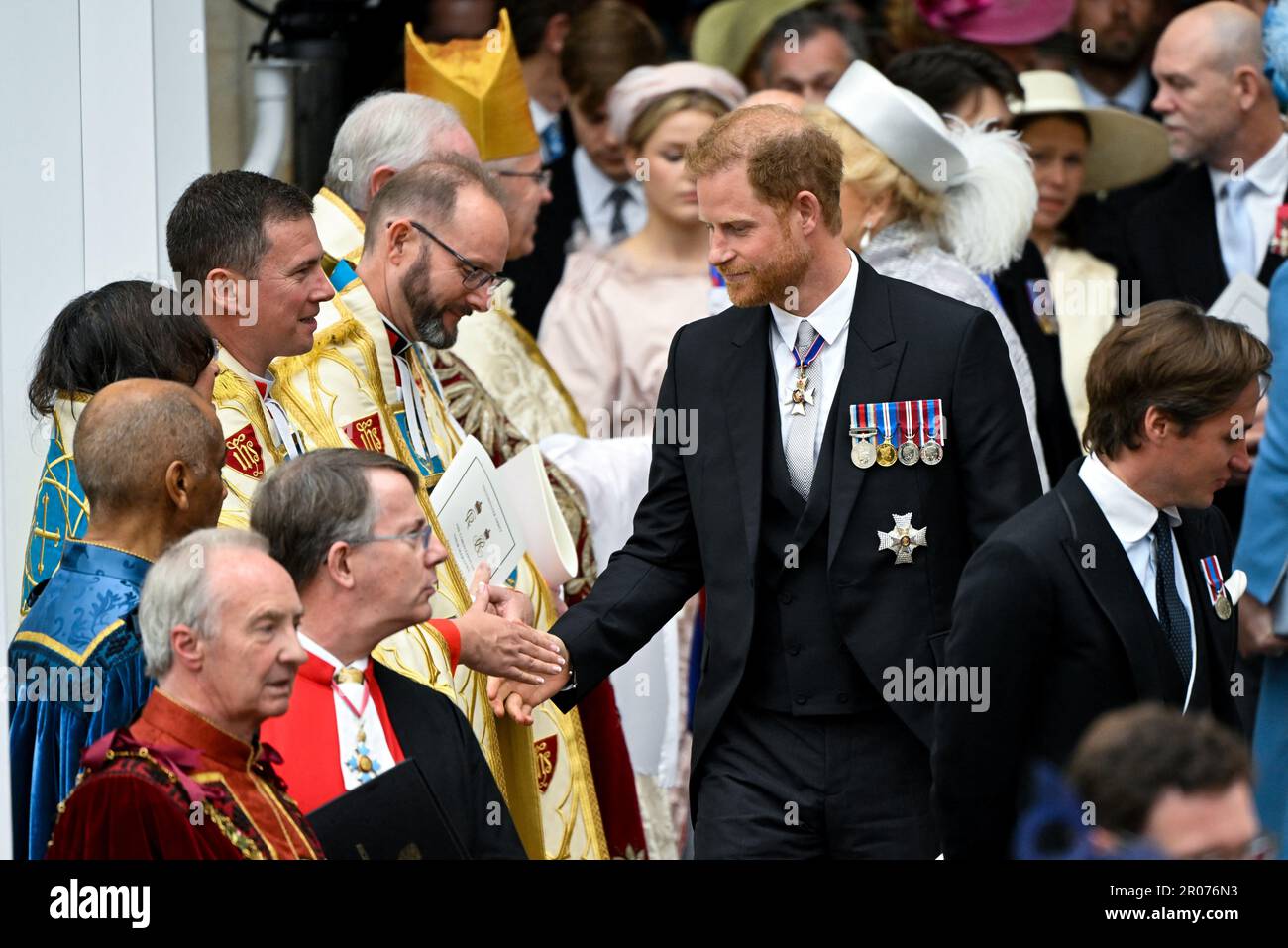 The Duke of Sussex leaves Westminster Abbey following the coronation ceremony of King Charles III and Queen Camilla in central London. Picture date: Saturday May 6, 2023. Stock Photo
