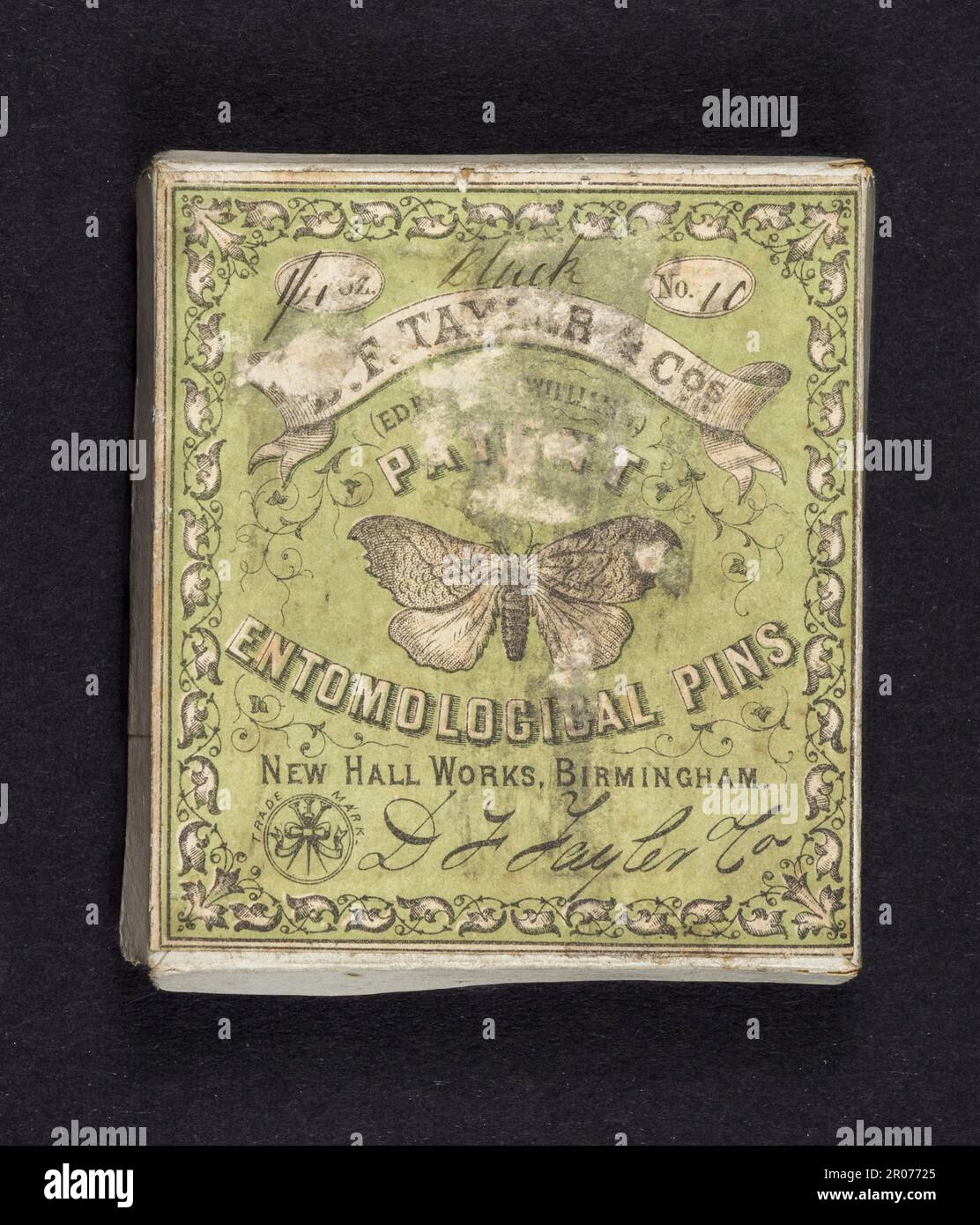Antique entomological pins manufactured by DF Tayler & Co used to display insects, London, UK. Stock Photo