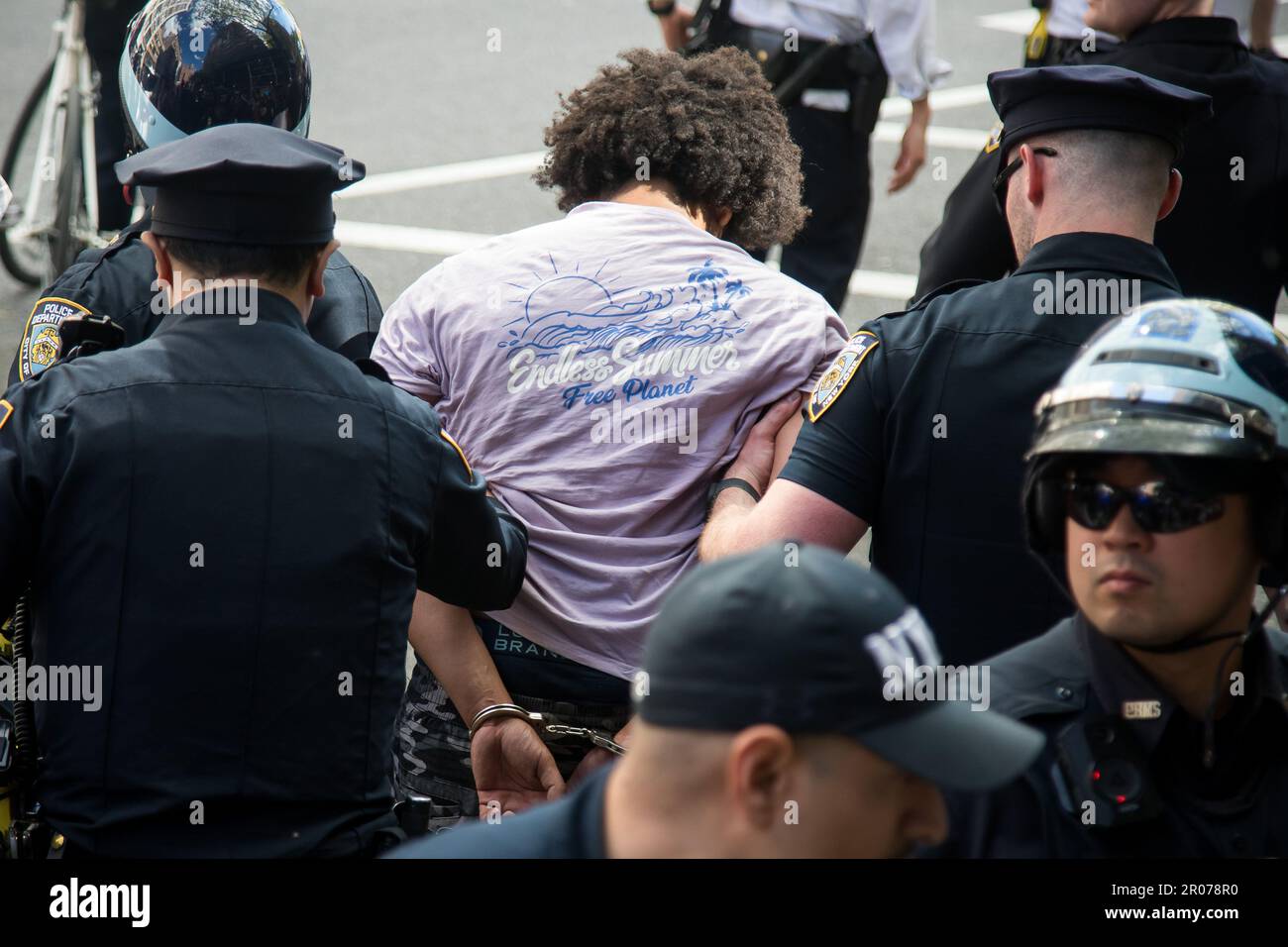 New York, USA. 6th May, 2023. Police officers arrest a protester during