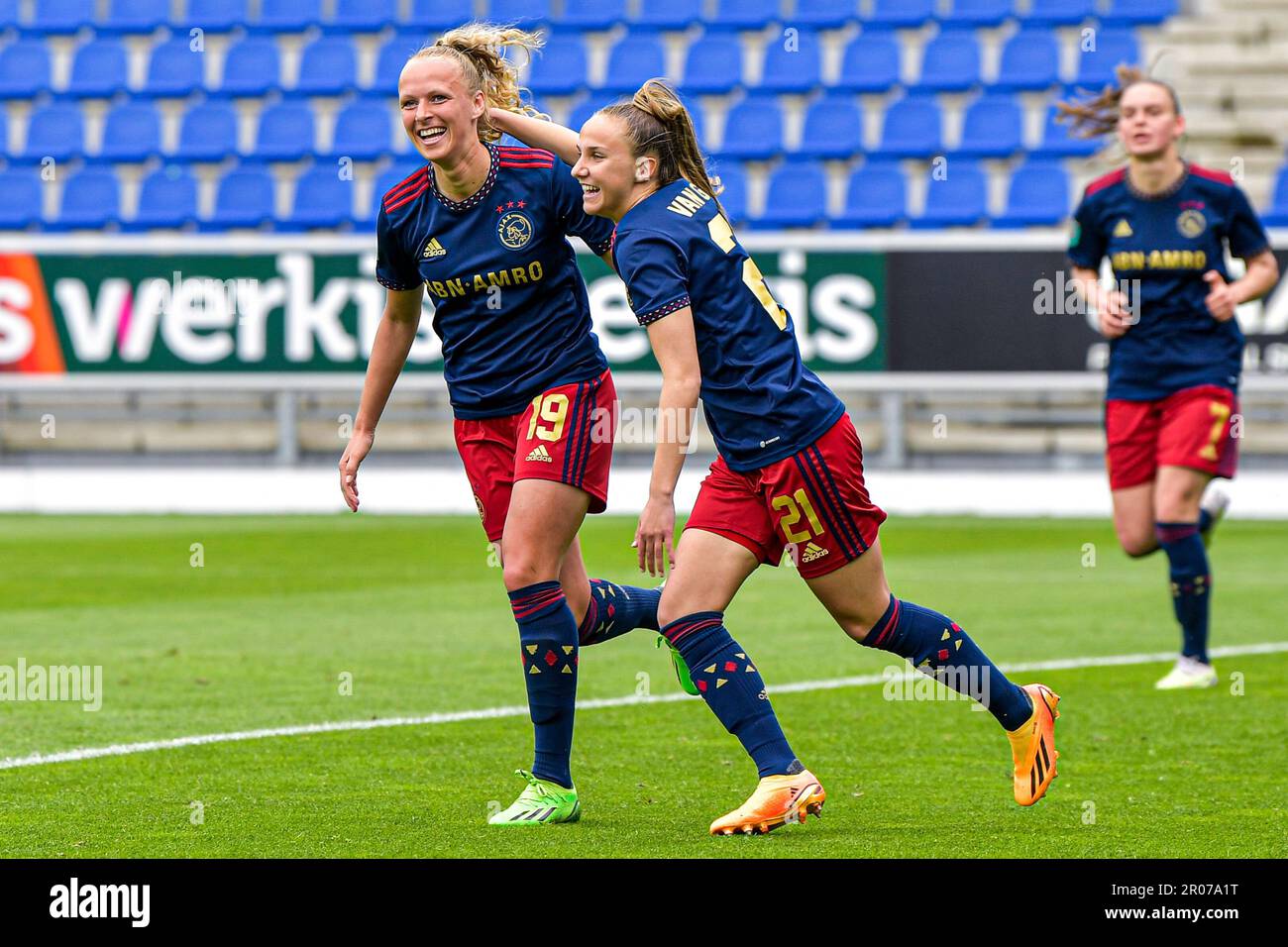 Zwolle, Netherlands. 07th May, 2023. ZWOLLE, NETHERLANDS - MAY 7: Tiny Hoekstra of Ajax, Rosa van Gool of Ajax celebrate the fifth goal during the Dutch Azerion Eredivisie Vrouwen match between PEC Zwolle and Ajax at the MAC3PARK stadion on May 7, 2023 in Zwolle, Netherlands (Photo by Jan Mulder/Orange Pictures) Credit: Orange Pics BV/Alamy Live News Stock Photo