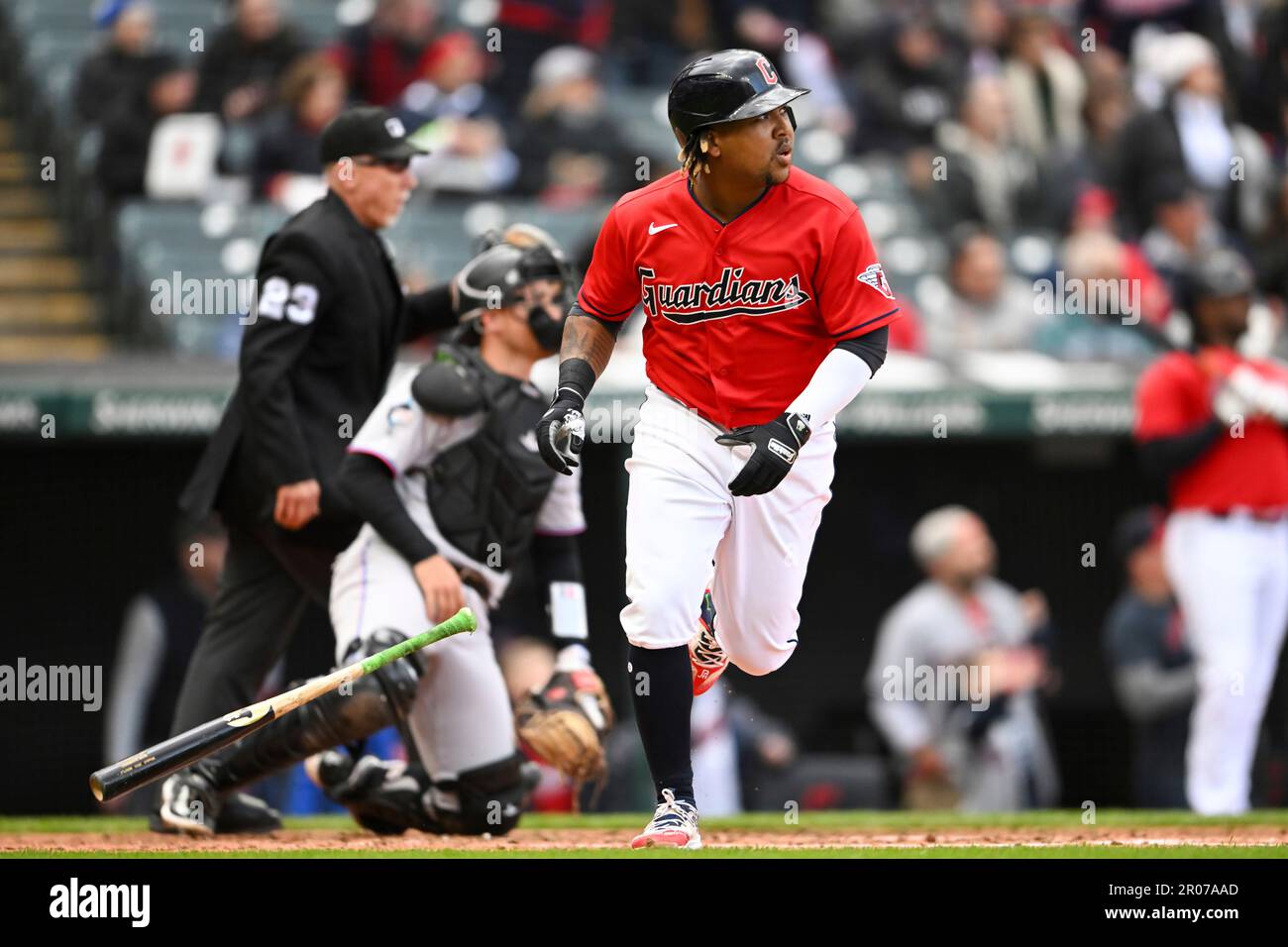 Cleveland Guardians' Jose Ramirez bats against the Seattle Mariners during  the first inning of a baseball game, Friday, April 7, 2023, in Cleveland.  (AP Photo/Ron Schwane Stock Photo - Alamy