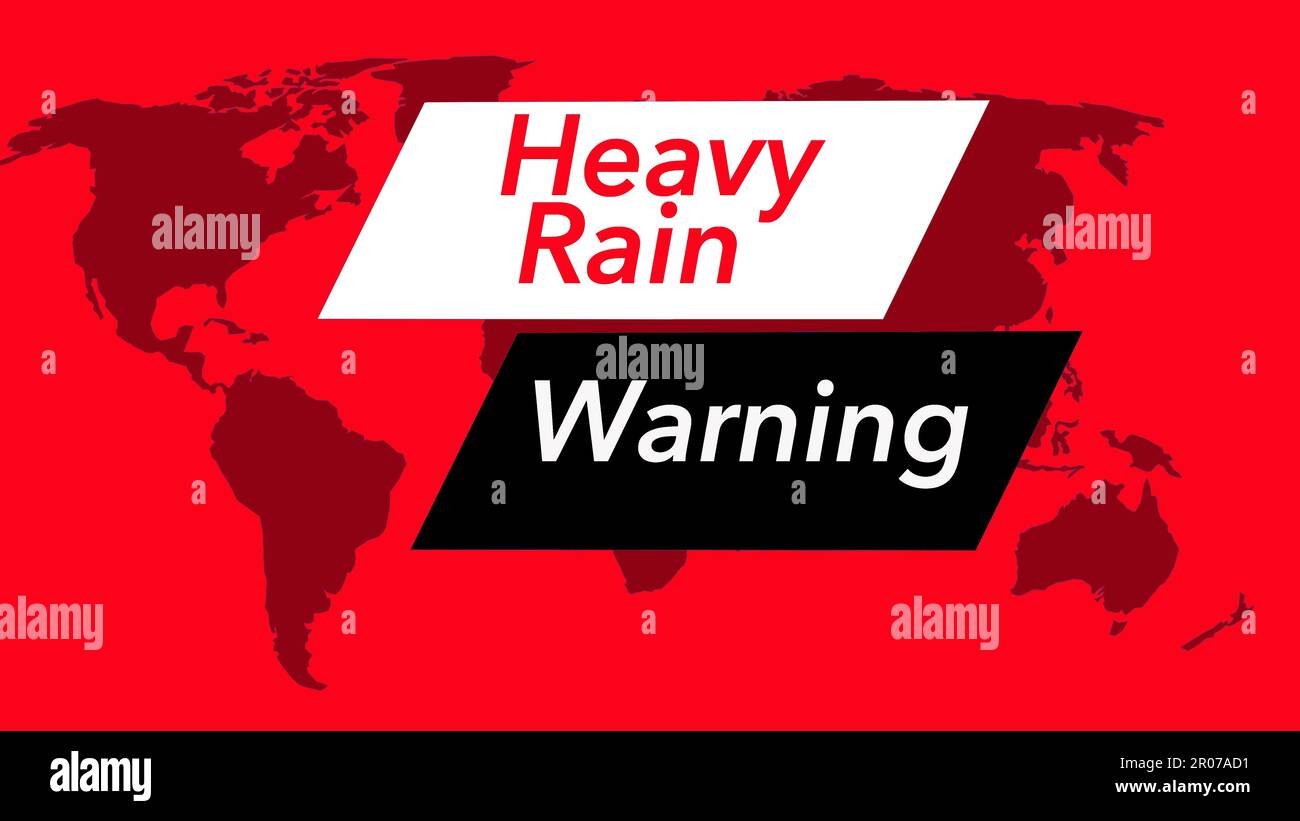 Heavy rain warning. A television weather banner or icon is seen with a