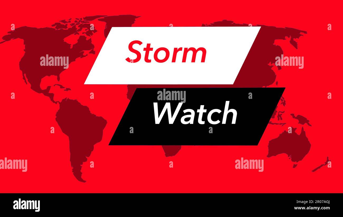 Storm watch. A television weather banner or icon is seen with a map of ...