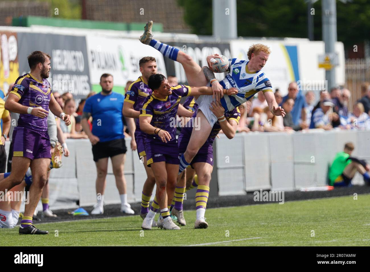 Lachlan Walmsley of Halifax Panthers is tackled in the air during the BETFRED Championship match between Newcastle Thunder and Halifax Panthers at Kingston Park, Newcastle on Sunday 7th May 2023. (Photo: Chris Lishman | MI News) Stock Photo