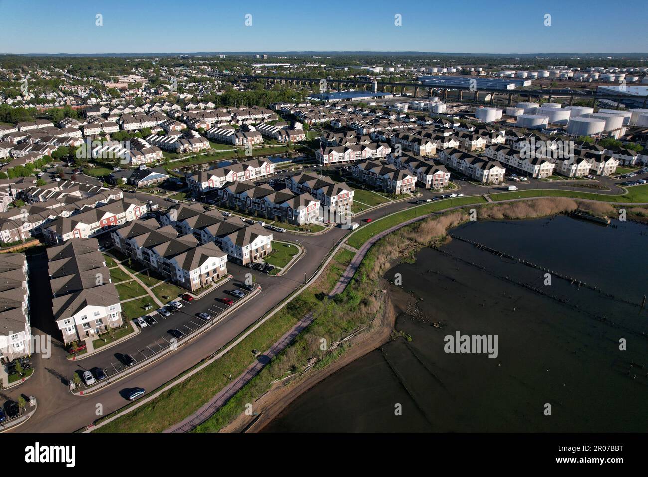 Aerial view of housing built near the tank fields in Perth Amboy, New Jersey Stock Photo