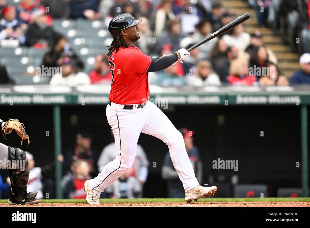 Cleveland Guardians' Josh Bell bats during the ninth inning in the first  baseball game of a doubleheader against the Miami Marlins, Saturday, April  22, 2023, in Cleveland. (AP Photo/Nick Cammett Stock Photo 