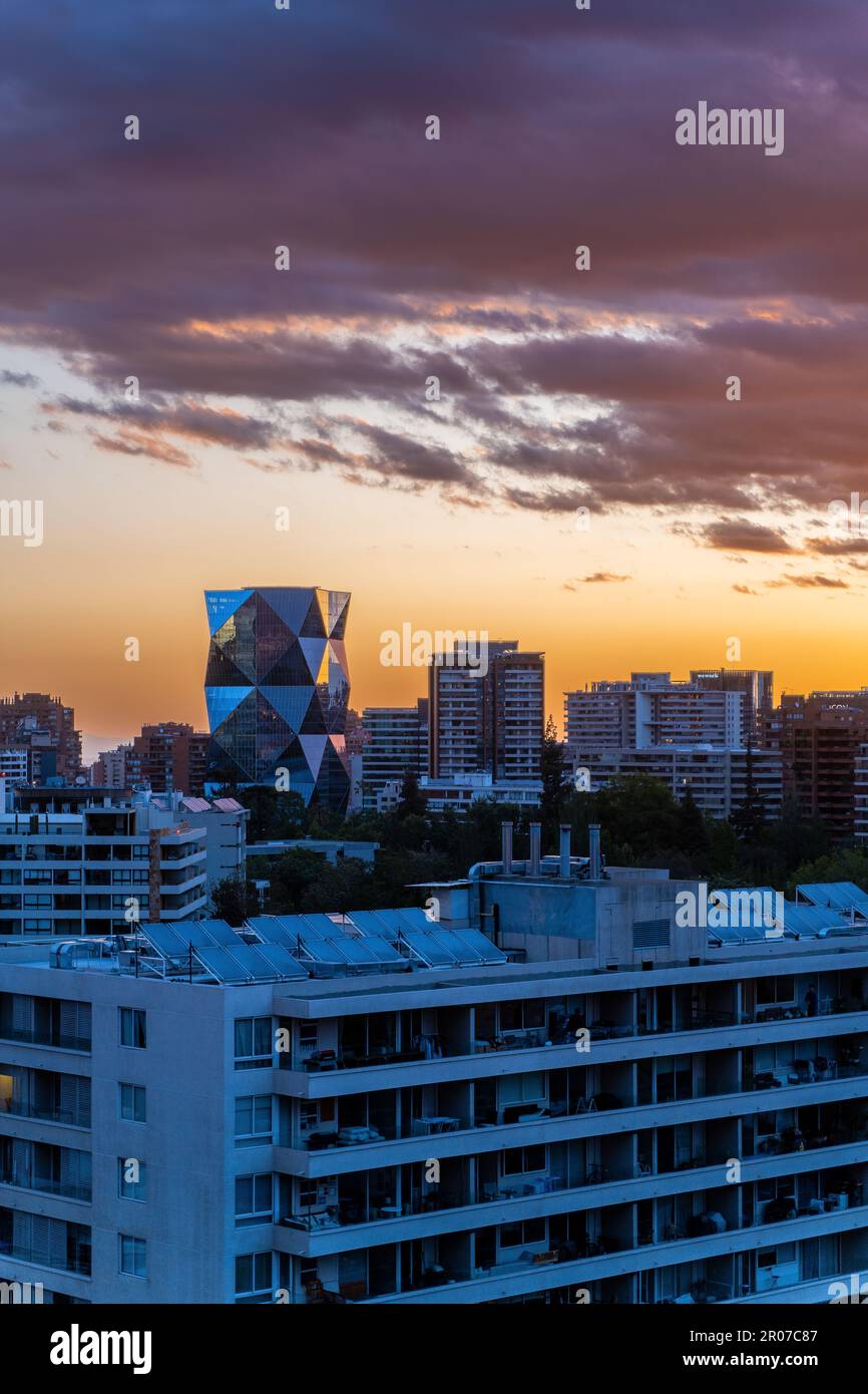 An aerial view of a bustling city skyline, with a skyscraper in the ...