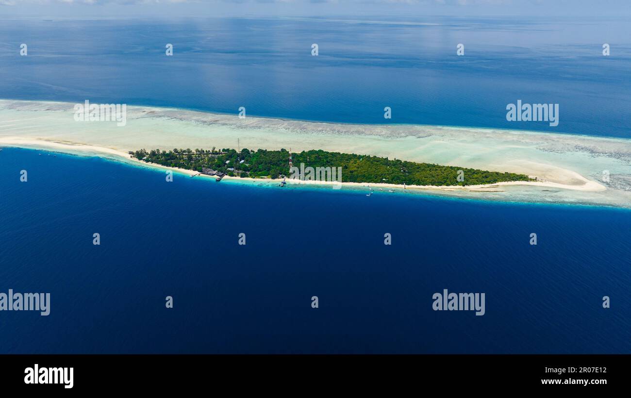 Aerial drone of atoll and tropical island Mataking with beach. Tun Sakaran Marine Park. Borneo, Sabah, Malaysia. Stock Photo