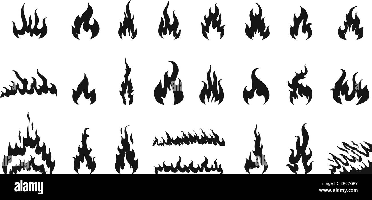 Isolated black fires silhouettes, fire flames icons. Monochrome burn heat elements, hot campfire pictogram. Doodle devil decent vector symbols Stock Vector