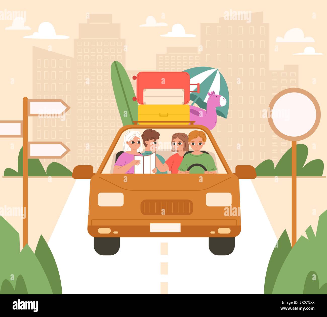 Happy friends car trip, summertime vacation and auto travel. Driver and passenger ride on road, holiday tour. Cartoon adventure snugly vector scene Stock Vector