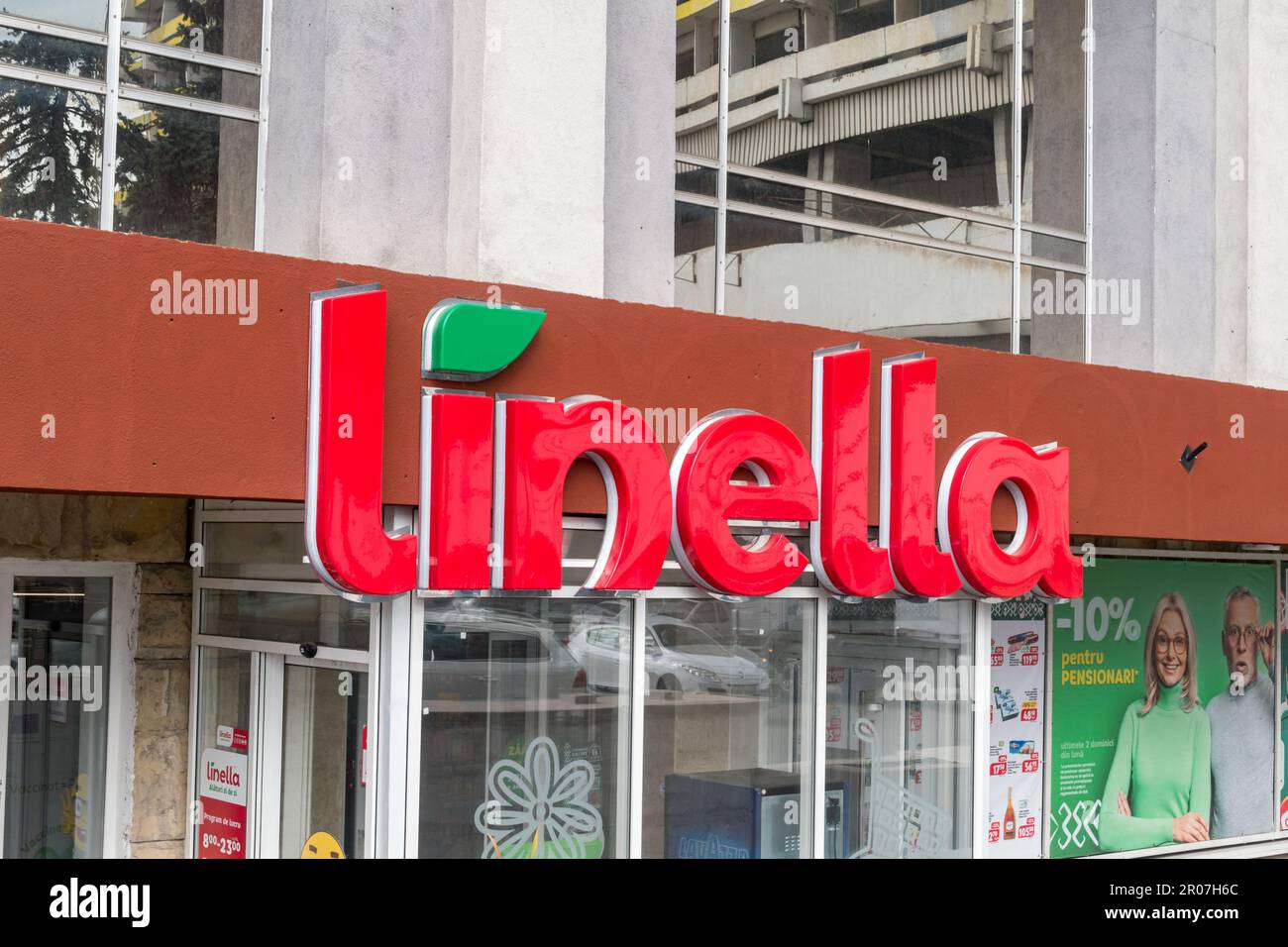 Chisinau, Moldova - March 8, 2023: Logo and sign of Linella market