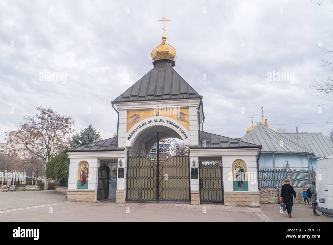 Chisinau, Moldova - March 8, 2023: Entrance gate to Moldovan Orthodox monastery dedicated to Saint Theodore of Amasea. Stock Photo