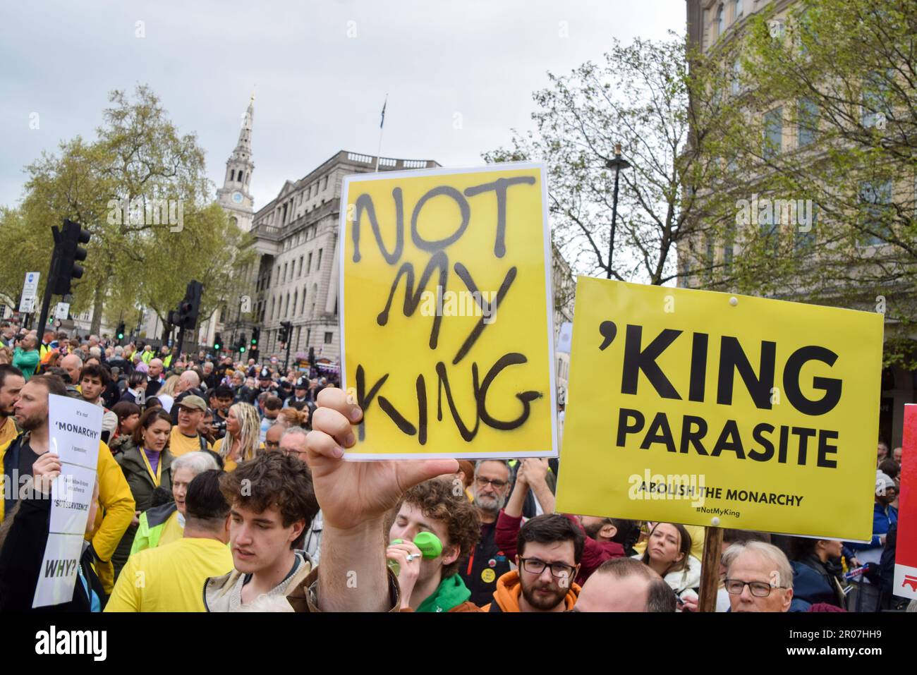 London, UK. 6th May 2023. Anti-monarchists stage a protest in Trafalgar Square during the coronation of King Charles III. Stock Photo