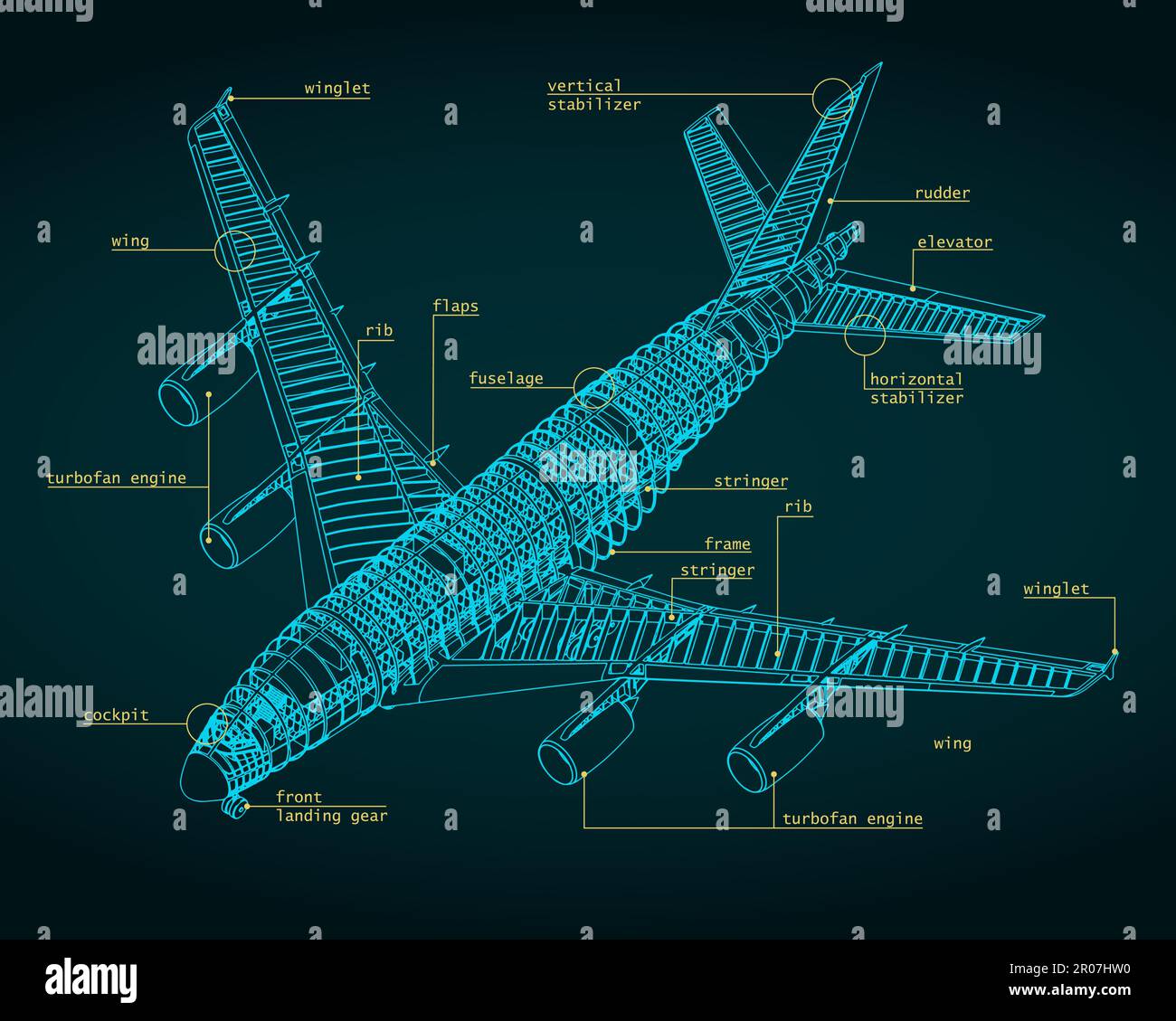 Stylized vector illustration of isometric blueprint of large passenger plane Stock Vector