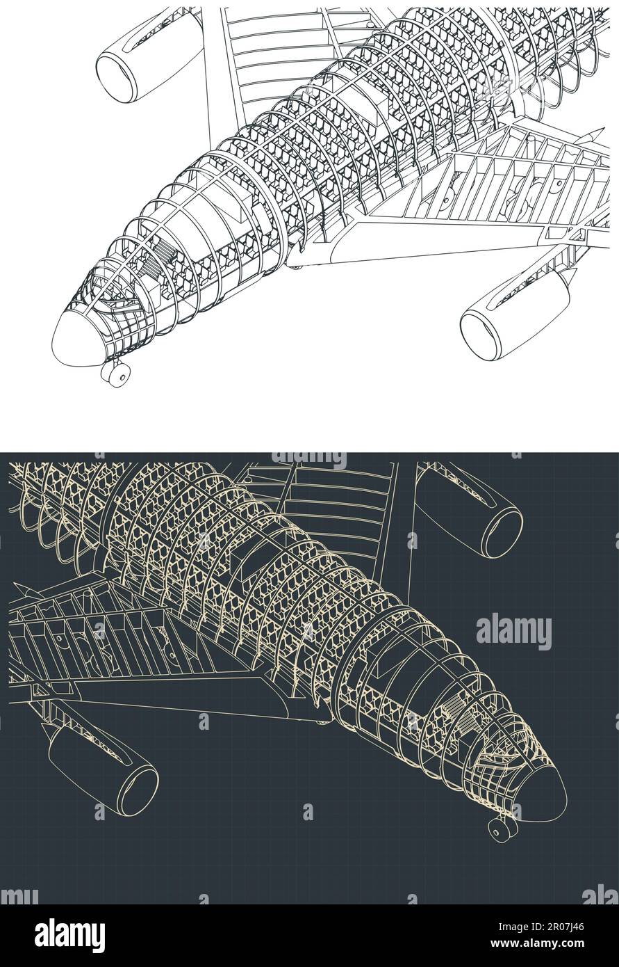 Stylized vector illustration of isometric blueprints of passenger aircraft Stock Vector