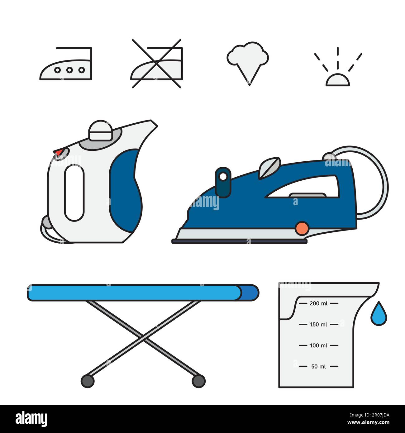 Isolated iron and hand steamer with symbols on ironing board and beaker