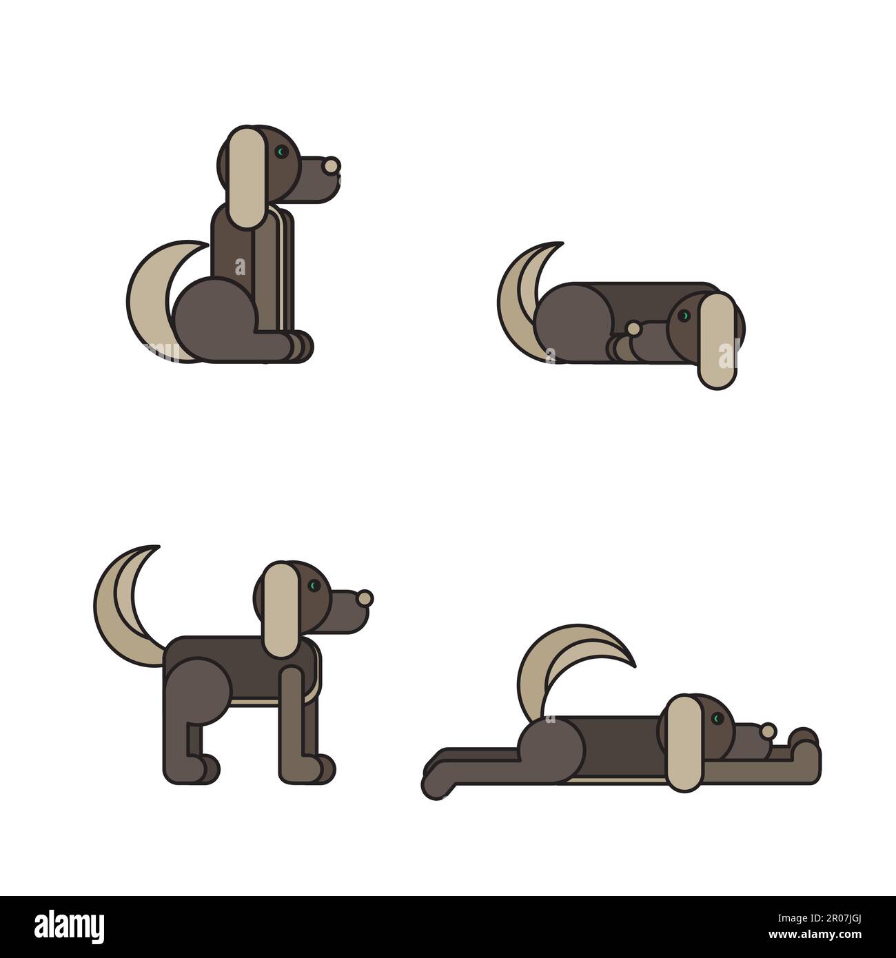 Dog in sitting, standing, sleeping and lying positions. Vet symbol ...