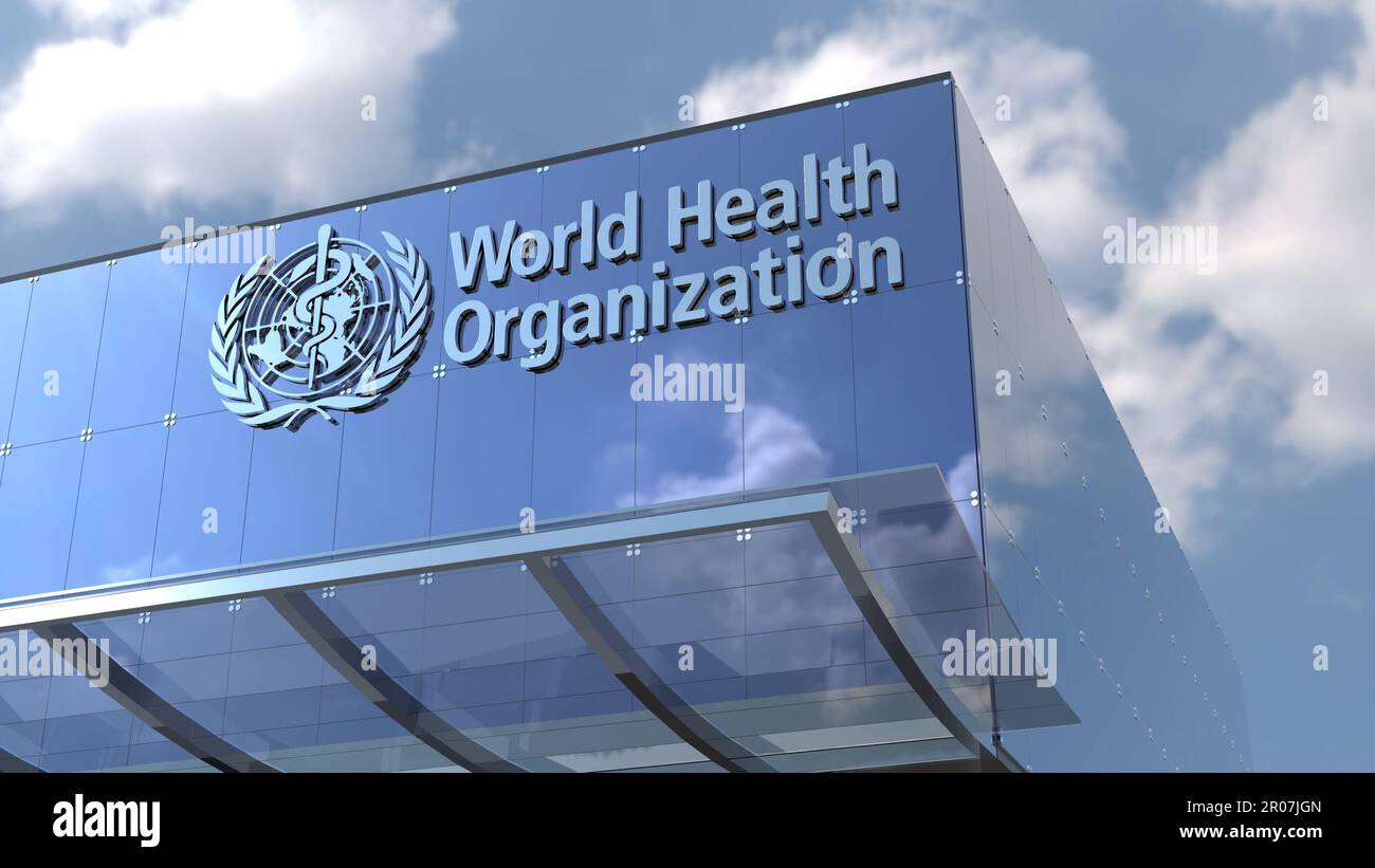 World Health Organization This 4K only editorial footage showcases a modern blue tinted glass office building with a prominent corporate logo. Stock Photo