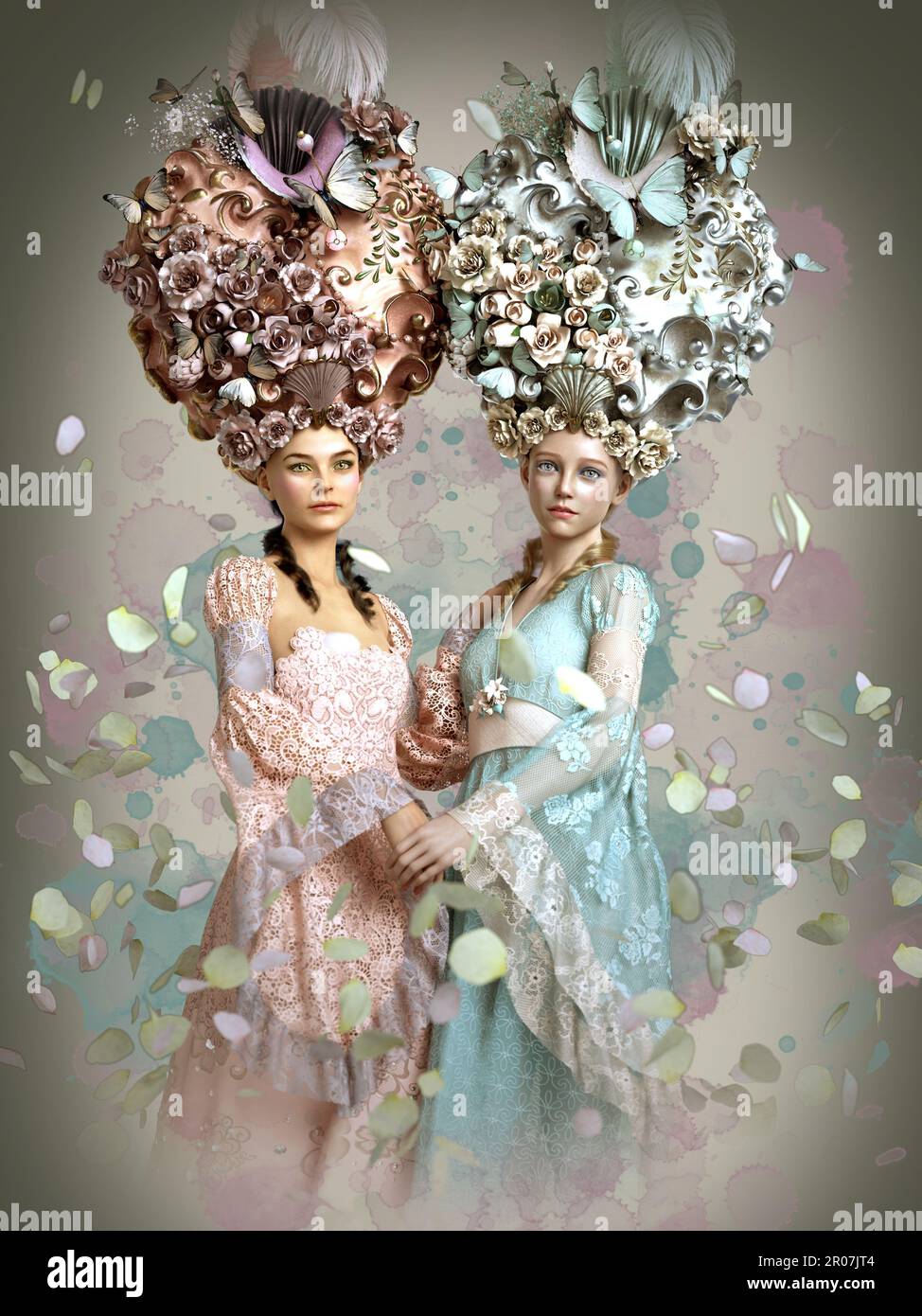 3d computer graphics of two girls with fantasy Rococo clothing (NOT AI ...