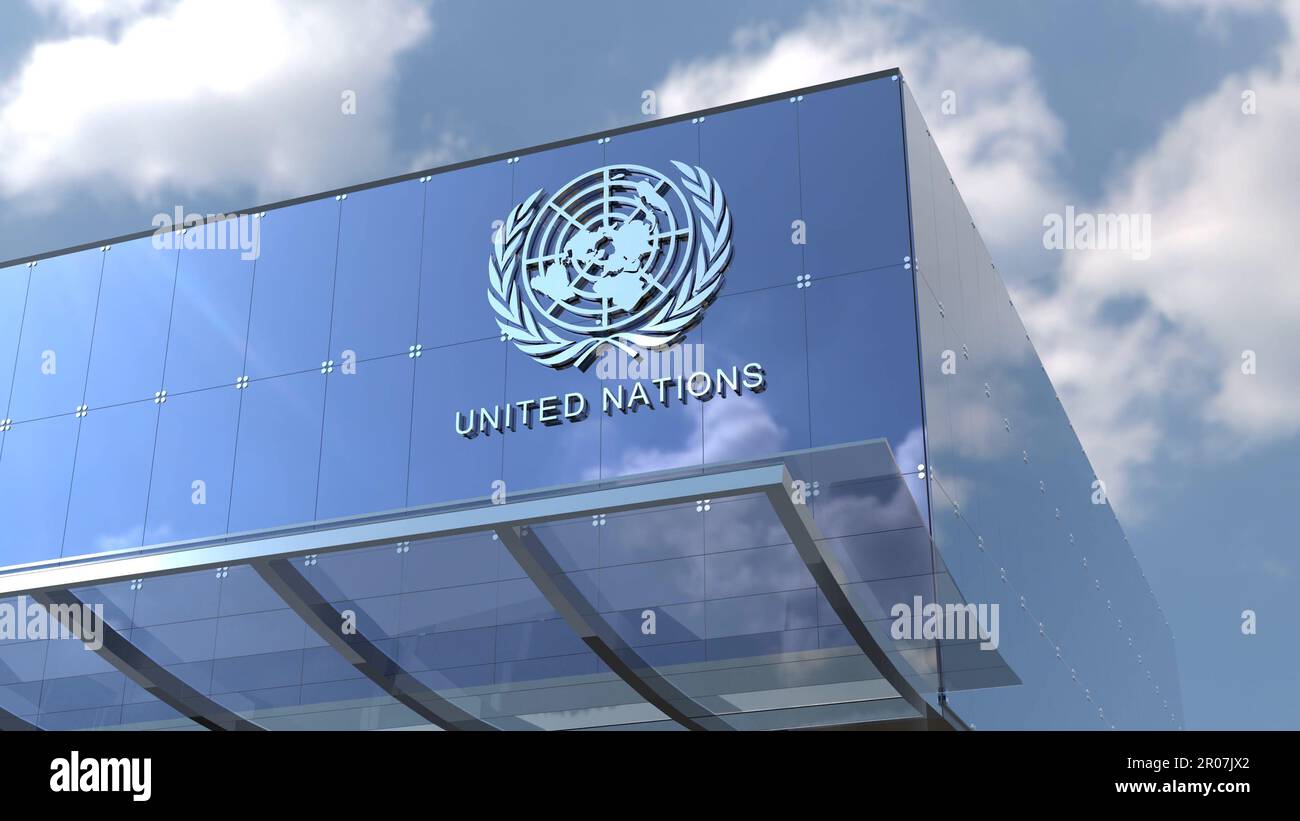 United Nations This 4K only editorial footage features a stunning corporate building with a blue-tinted glass exterior and a recognizable logo. Stock Photo