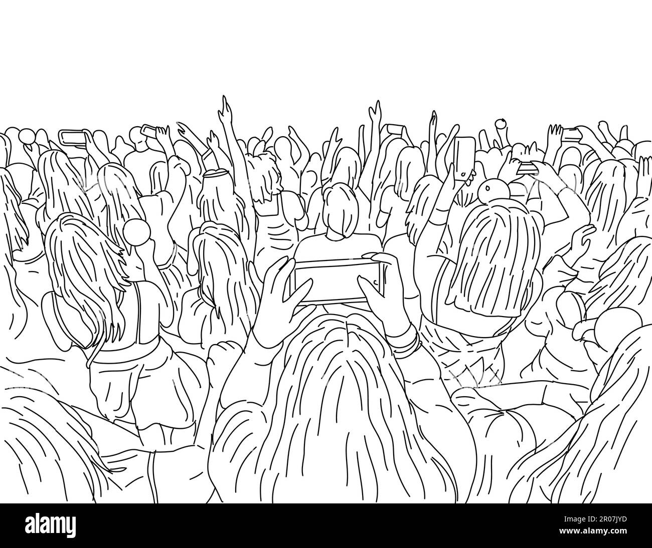 Line art drawing illustration of a large crowd of young people with cellphone or mobile phone at a live concert music monoline style. Stock Photo