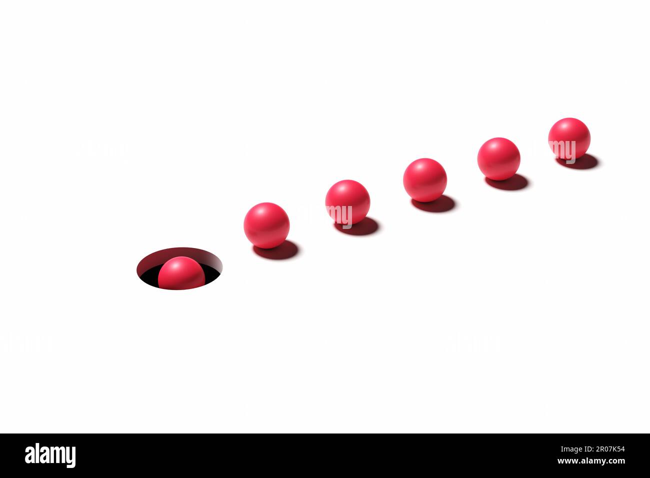 Bad leadership and blind conformity concepts. Red balls in a row following the leader towards the dark hole. 3D render. Stock Photo