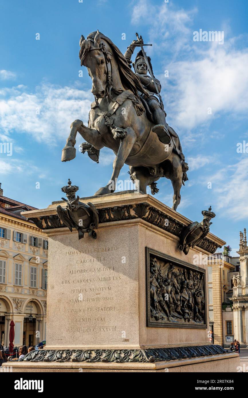 Equestrian statue of Statue of Emanuel Filibert of Savoy. Piazza San Carlo, Turin Stock Photo