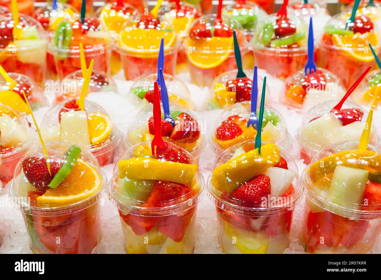 Full colors in this detail of fruit salads exposed in a Spanish market Stock Photo