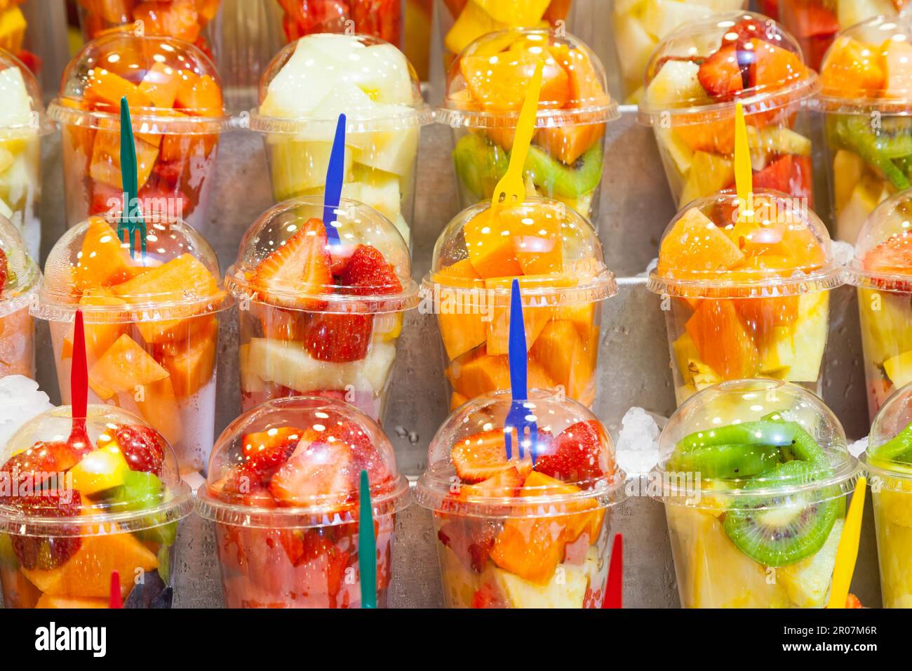 Full colors in this detail of fruit salads exposed in a Spanish market Stock Photo