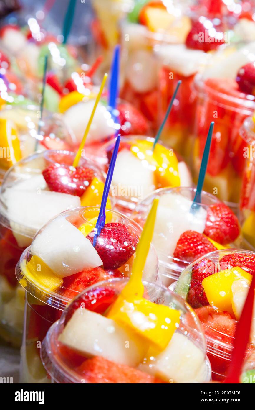 Full colors in this detail of fruit salads exposed in a Spanish market Stock Photo