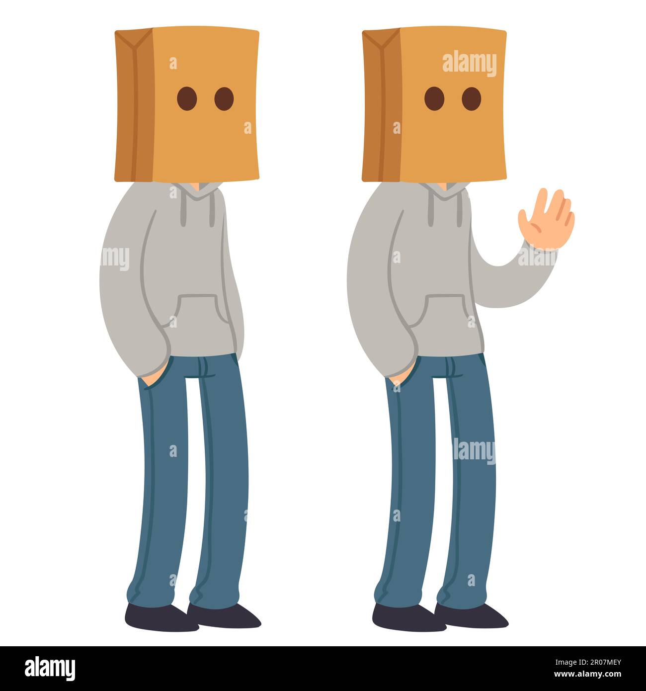 Cartoon character wearing paper bag on his head. Anonymous hiding face behind mask. Vector illustration. Stock Vector