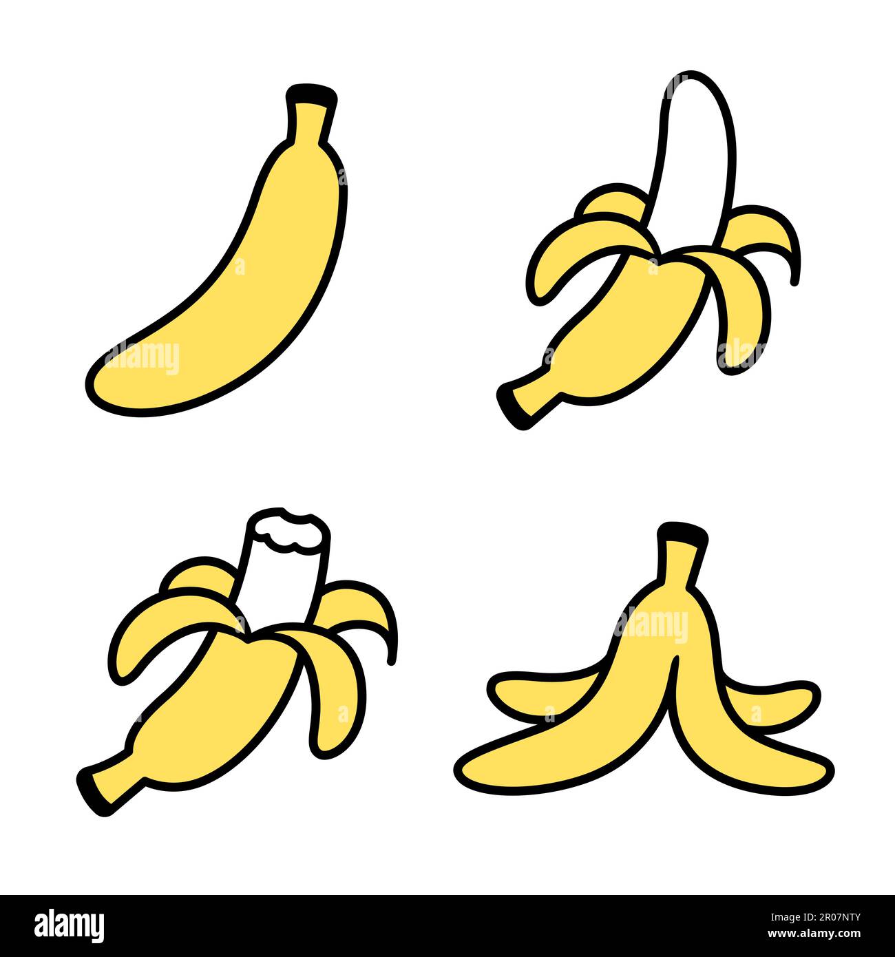 Hand drawn banana doodle icons: whole, peeled, bitten and empty peel. Simple drawing, vector clip art illustration. Stock Vector